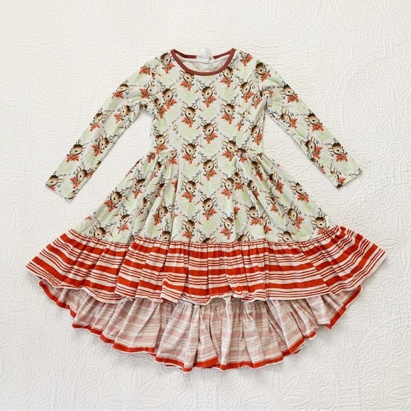 Rare‎ Paper Wings Girl's Holiday Ruffle Dress Reindeer and Holly Print
